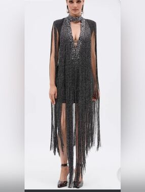 AKIRA Metallic Charcoal Fringe Plunge Midi Dress